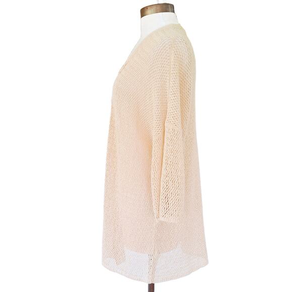 EILEEN FISHER Cream Natural Open Knit Long Cardigan Sweater Medium 3/4 Sleeve - Picture 3 of 8